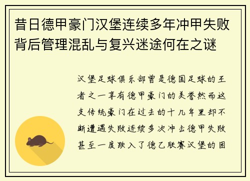 昔日德甲豪门汉堡连续多年冲甲失败背后管理混乱与复兴迷途何在之谜
